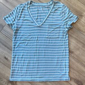 MARKET & SPRUCE Teal Aqua Short Sleeve V Neck Striped Pocket Decor T Shirt